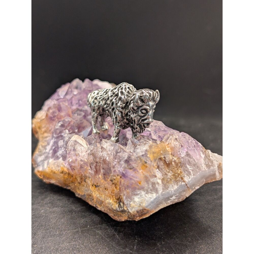 Metal Bison Figurine on Amethyst Cluster • Approx. 3 x 2 in • Decorative Stone